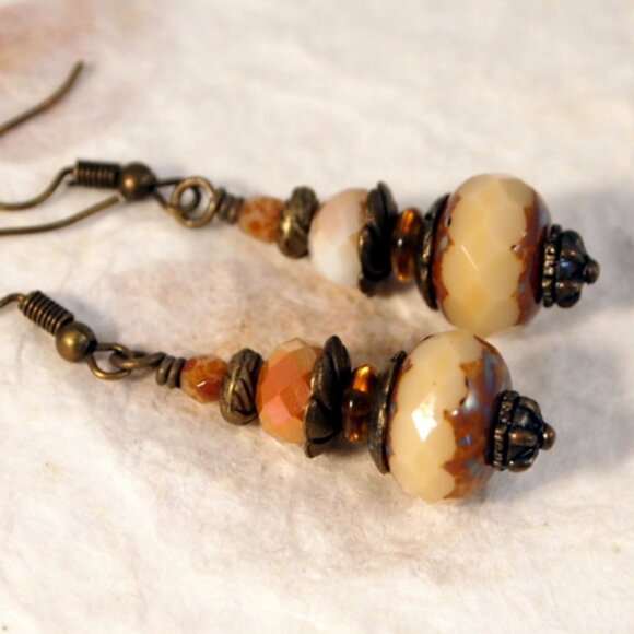 Chunky Earthy Boho Czech Glass Earrings Cream Drop Pierced or Clip-on Earrings - Picture 2 of 10